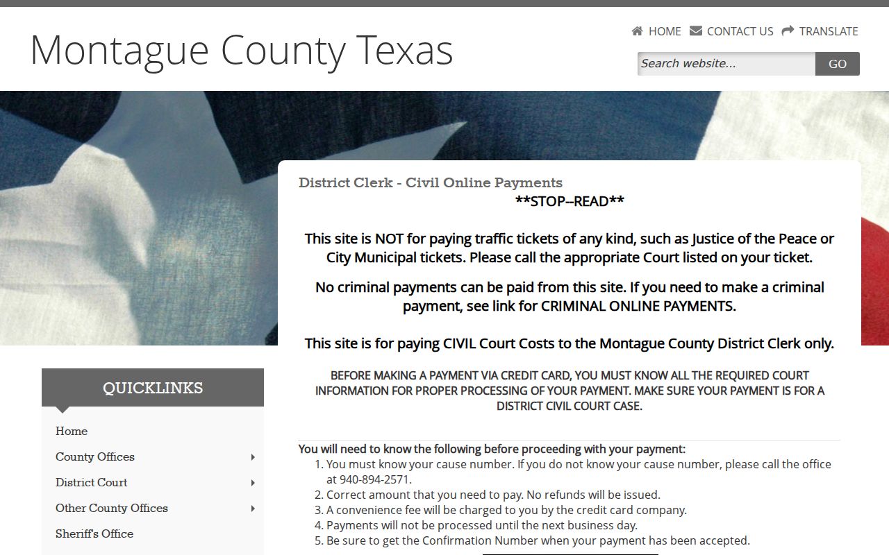 Montague County civil court docket cause number payment page