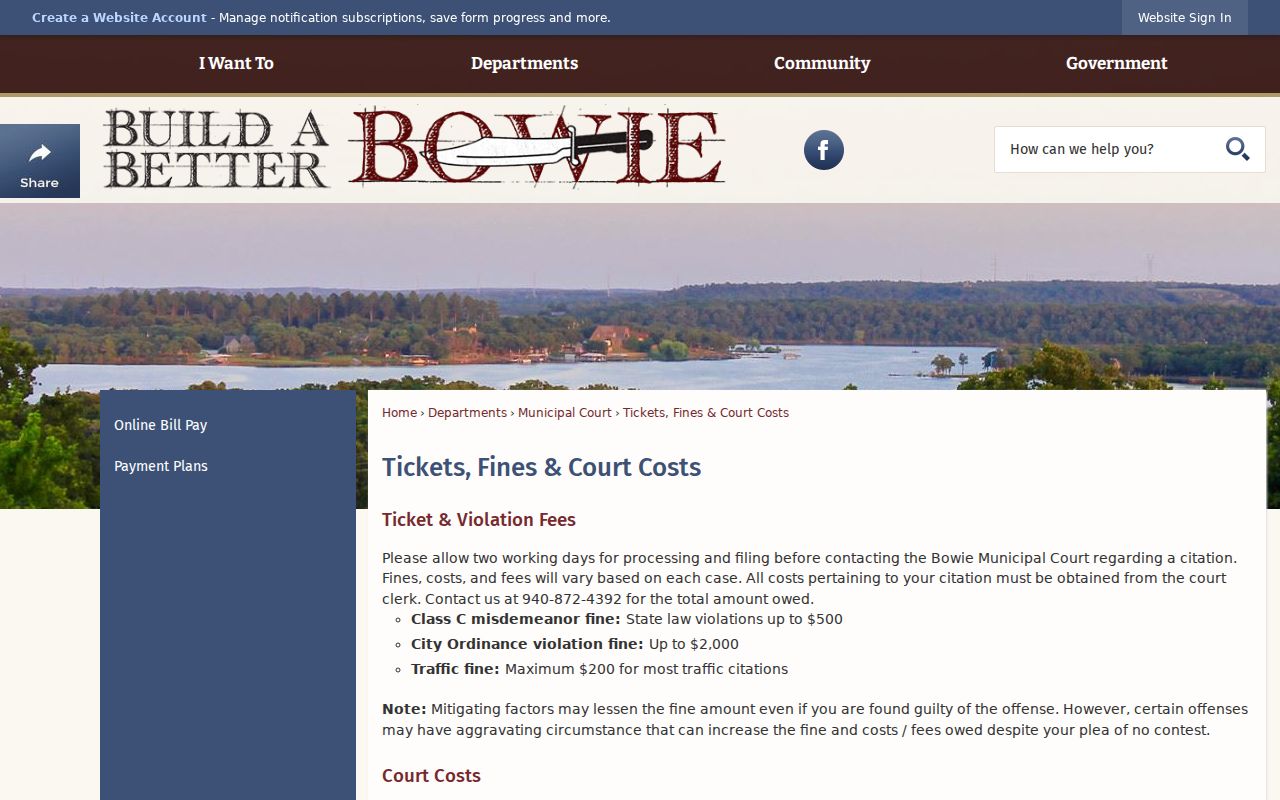Bowie ticket timing, fine, warrant fee, and court cost guidance