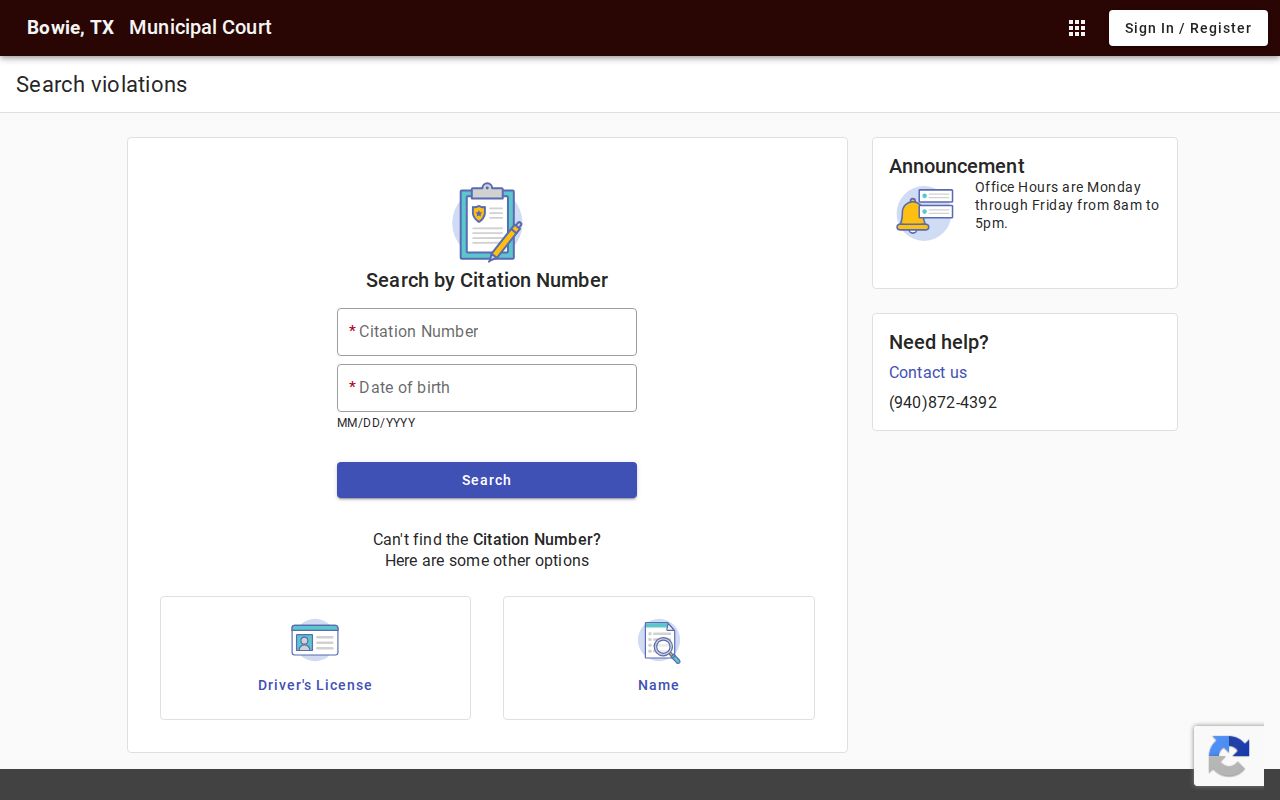 Blank Bowie Municipal Court citation search with multiple search routes
