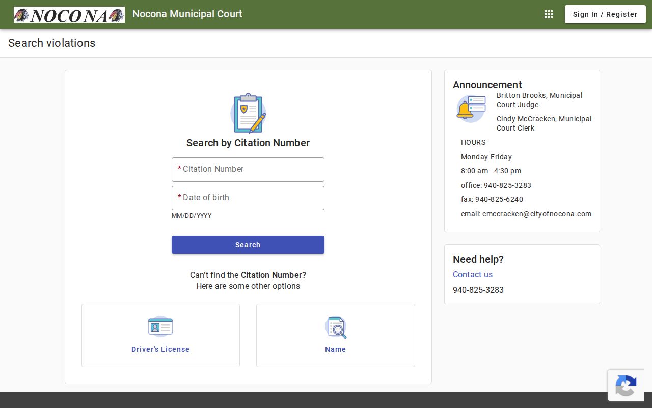 Blank Nocona Municipal Court citation search page