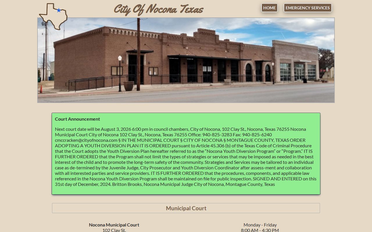 Nocona Municipal Court contacts, current court notice, payment methods, and youth diversion information