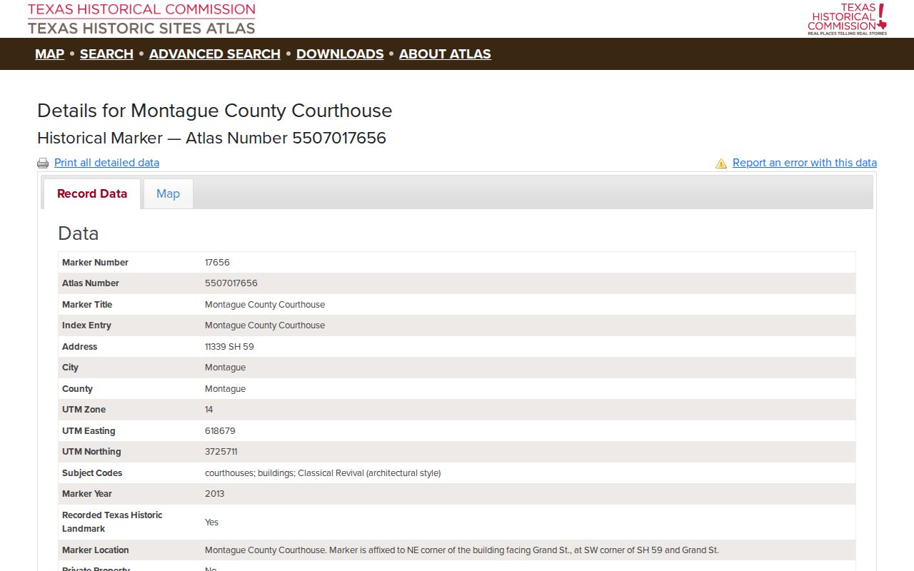 Texas Historical Commission record for the Montague County courthouse