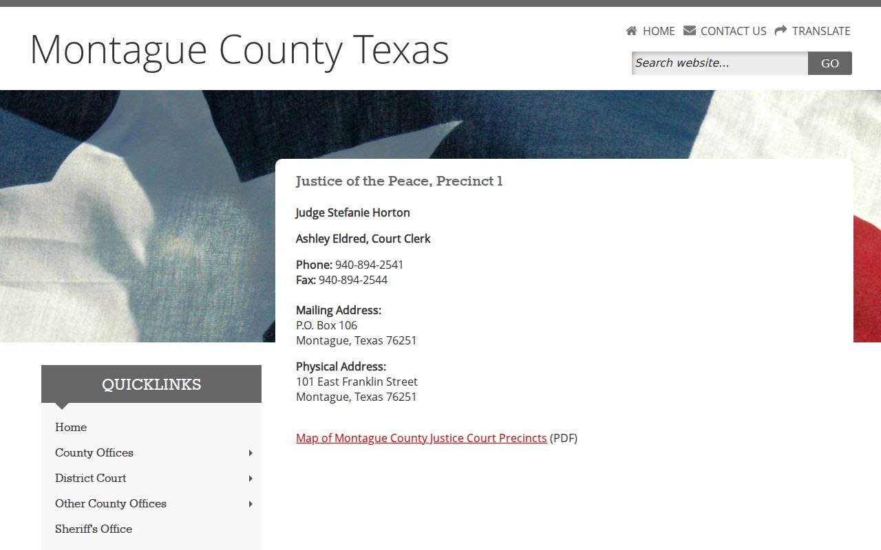 Montague County Justice of the Peace Precinct 1 court contact page